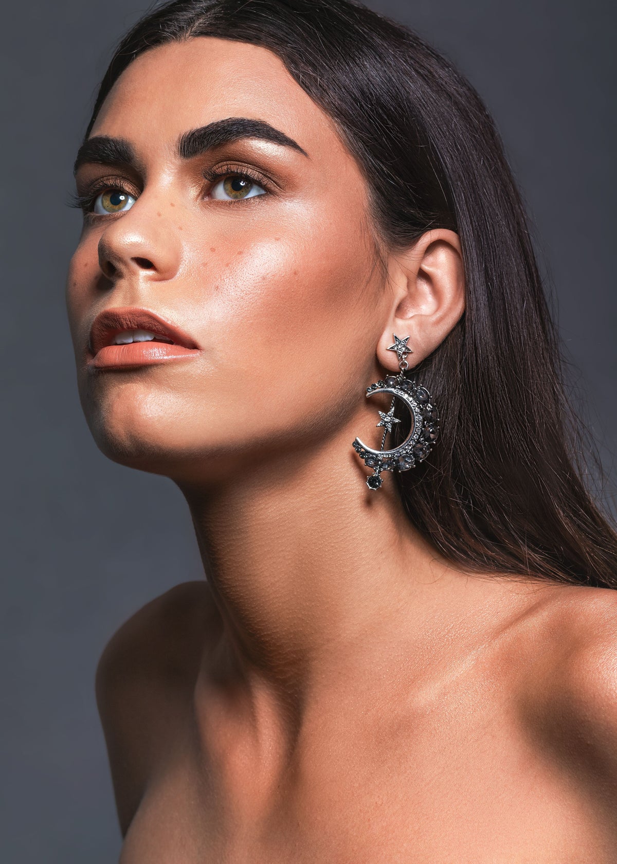 The Little Moon Earrings, crescent moon earring worn